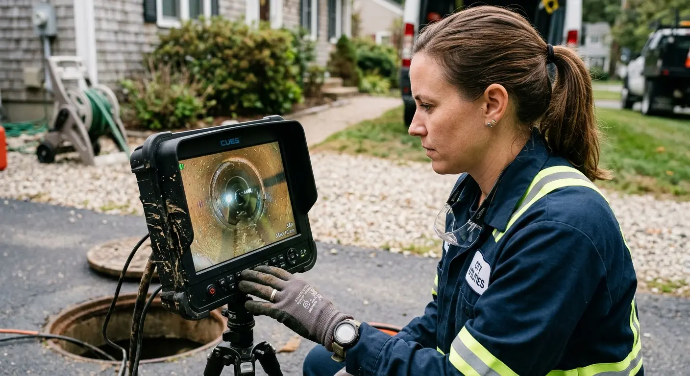 Technician reviewing sewer camera inspection footage in Highland Springs