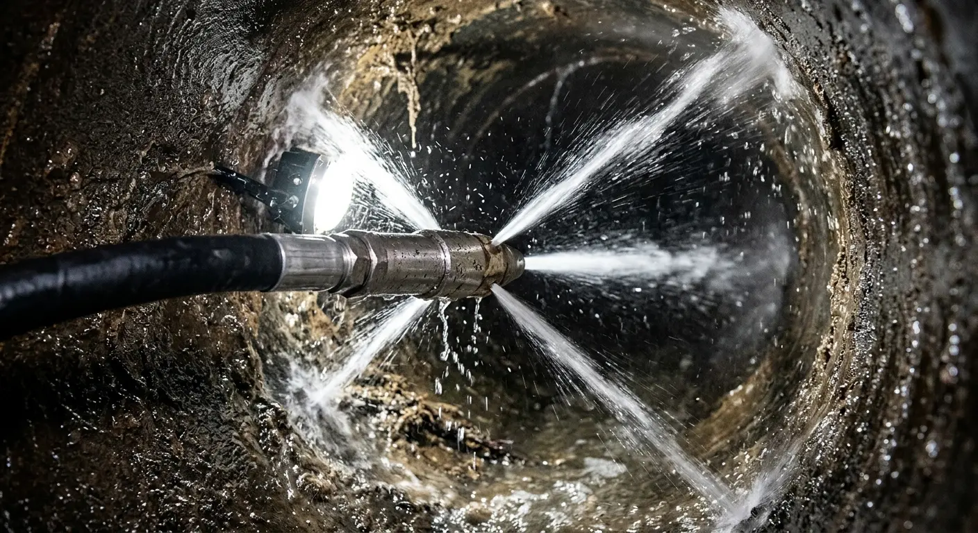 High-pressure hydro jetting nozzle cleaning sewer pipe for Emergency Drain Service in Highland Springs