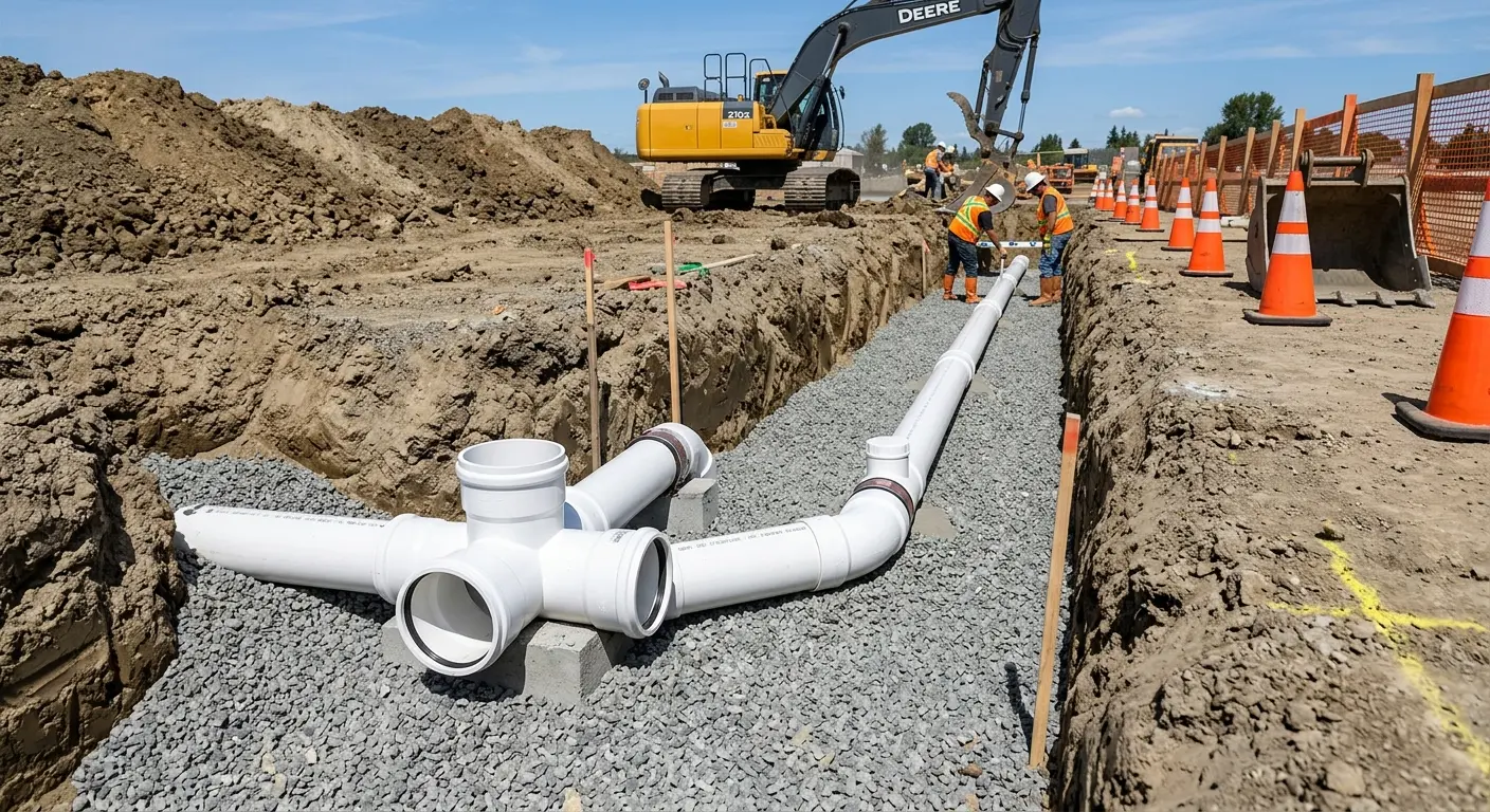 New PVC sewer pipe installation in open trench for Commercial Drain Cleaning in Highland Springs